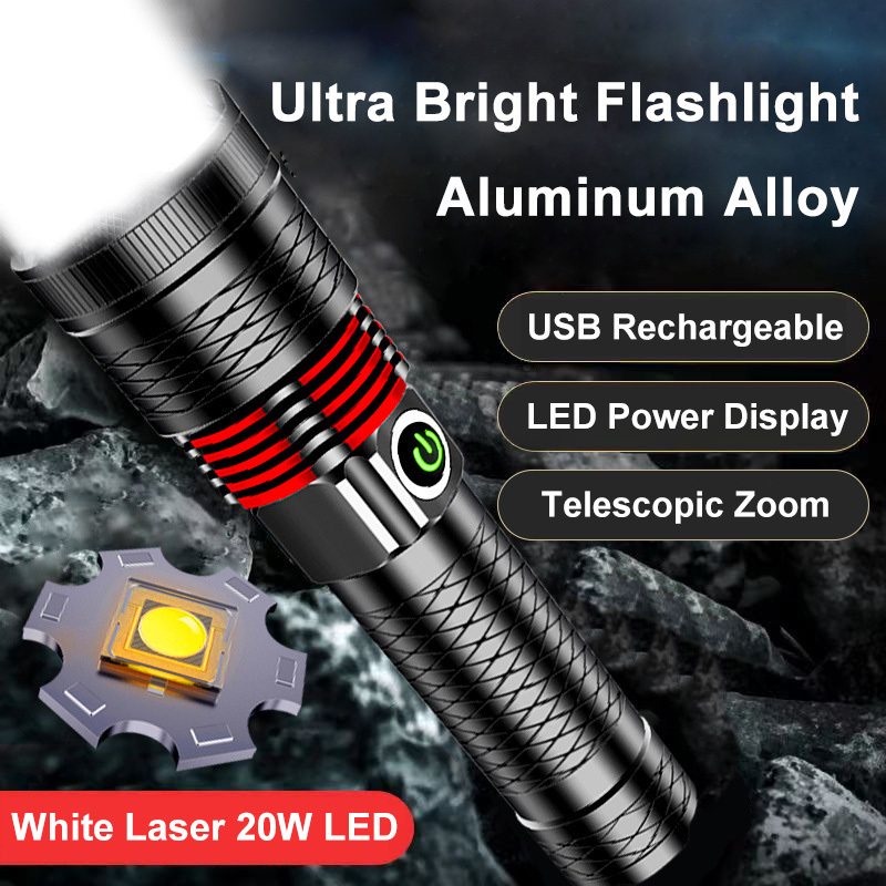 Aluminum Alloy Flashlight White Laser 20W LED USB Rechargeable Zoomable 6000 Lumen Ultra Bright Torch Outdoor Emergency Lighting