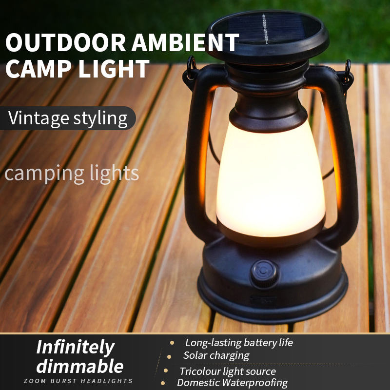 Wholesale Handheld Camping Lantern Solar Powered Stepless Dimming Sunlight Charging USB C Rechargeable LED Vintage Tent Lamp