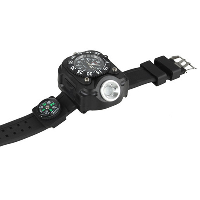 New fashion camping led light watch flashlight USB charger 5 modes Ultra Bright Functional hand Lamp Watch Torch with compass