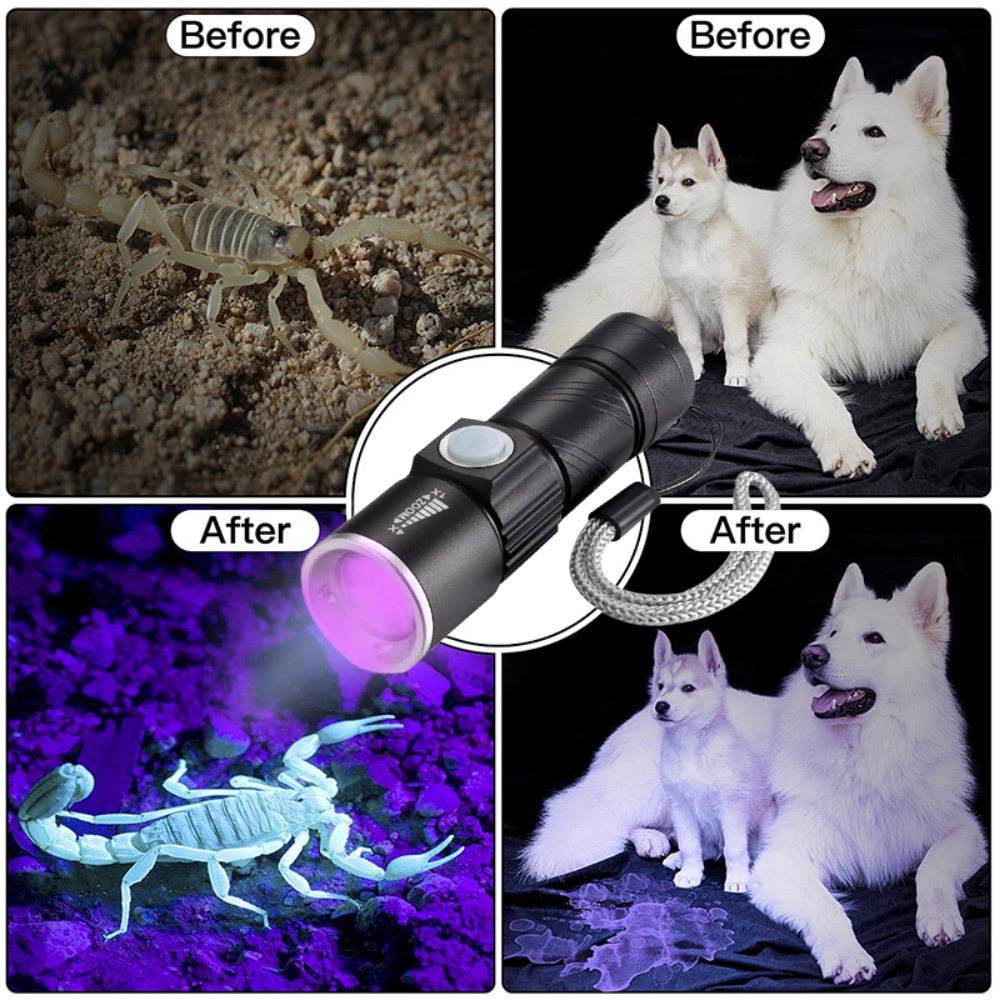 LED UV Flashlight 365nm/395nm Ultraviolet Torch Zoomable Mini UV Black Light Pet Urine Stains Detector Scorpion Hunting