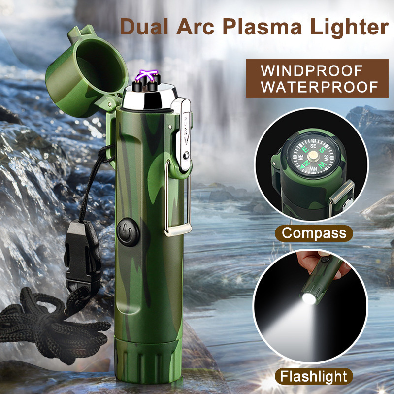 EDC Flashlight Survival Dual Arc Plasma Lighters USB Charging Torch Windproof Flameless Electric Lighter Compass Tactical Gear