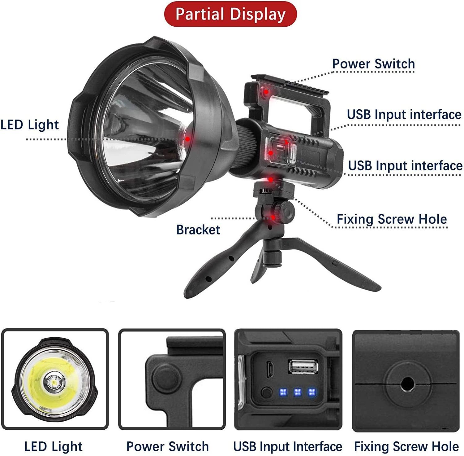 Rechargeable Flashlight Super Bright Led Searchlight with Tripod and USB Output Waterproof 4Modes Handheld Spotlight for Camping