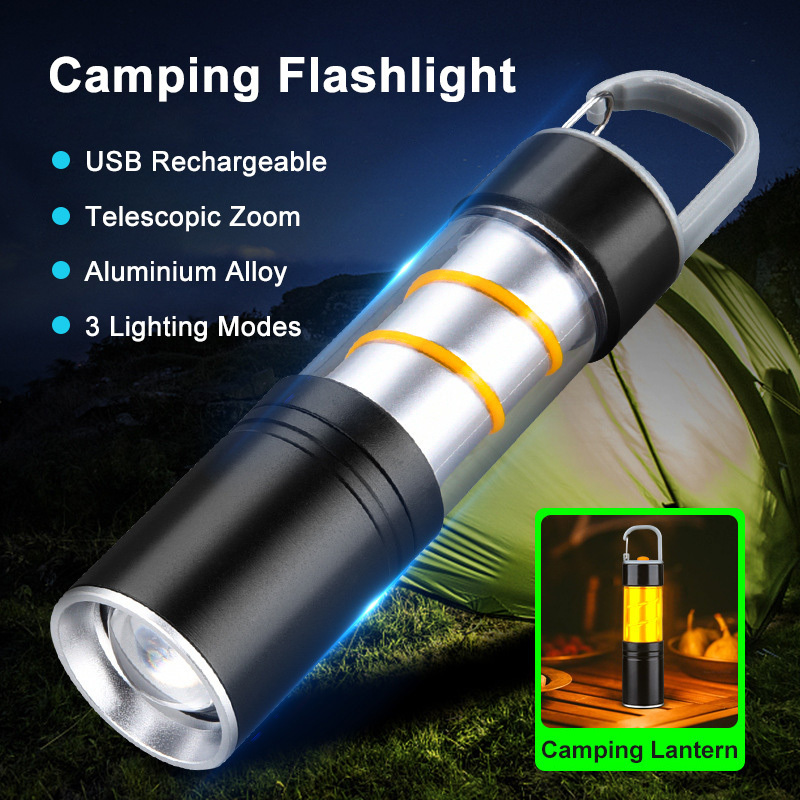 Aluminium Alloy EDC Flashlight Yellow Atmosphere Light Soft Spiral Filament Zoomable Torch Snap Hook 3600 Lumens Camping Lantern