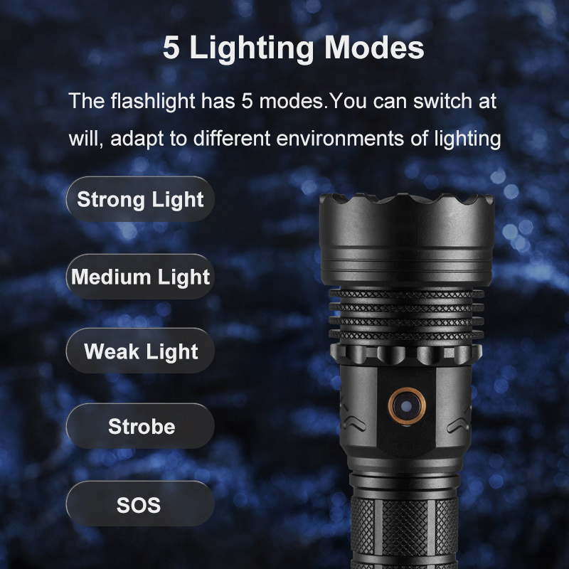 Super Bright Flashlight 30W LED Type C USB Rechargeable 5 Light Modes Zoomable 50000 Lumens High Quality Outdoor Emergency Torch