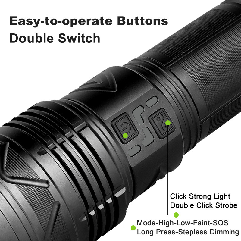 USB C Rechargeable Tactical Flashlight 30000 lumens 181350A Battery Super Bright 30W LED 7 modes Zoomable High Powerful Torch