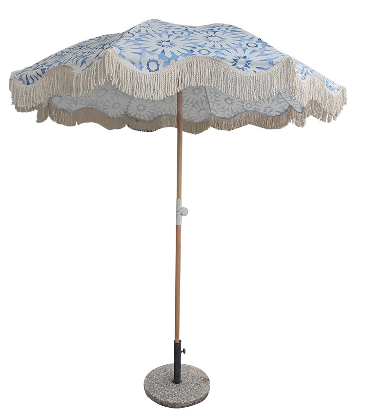 Custom Outdoor Wooden folding Pole Premium Canvas Sun Parasol Luxury White Fringed Beach Umbrellas With Tassels