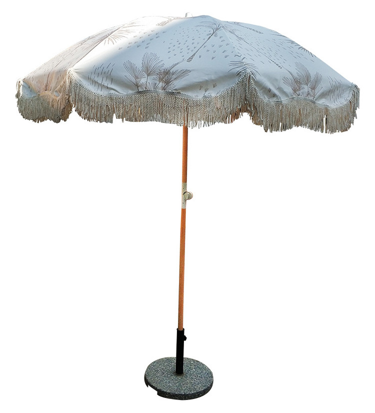 Custom Outdoor Wooden folding Pole Premium Canvas Sun Parasol Luxury White Fringed Beach Umbrellas With Tassels