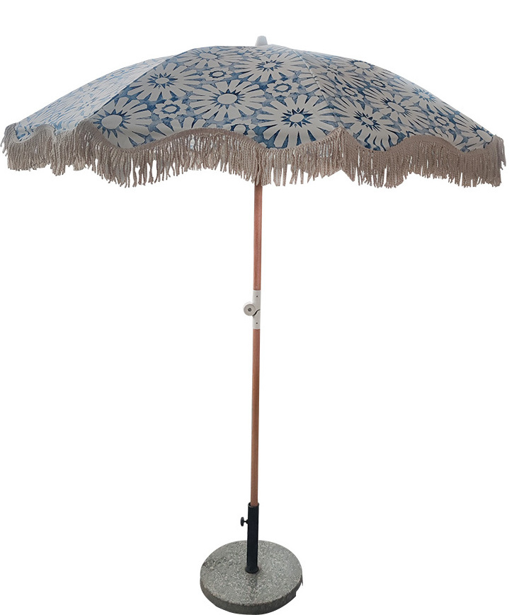 New  7ft Portable  folding Wooden Pole Luxury Fringed Beach Umbrella with Tassels Premium Outdoor Patio Sun Parasol for Table