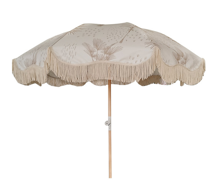 hot trend Parasol Umbrellas with Tassel fiberglass ribs Beach Umbrella  Folding Wooden Pole Cotton canvas Canopy Sun With Fringe