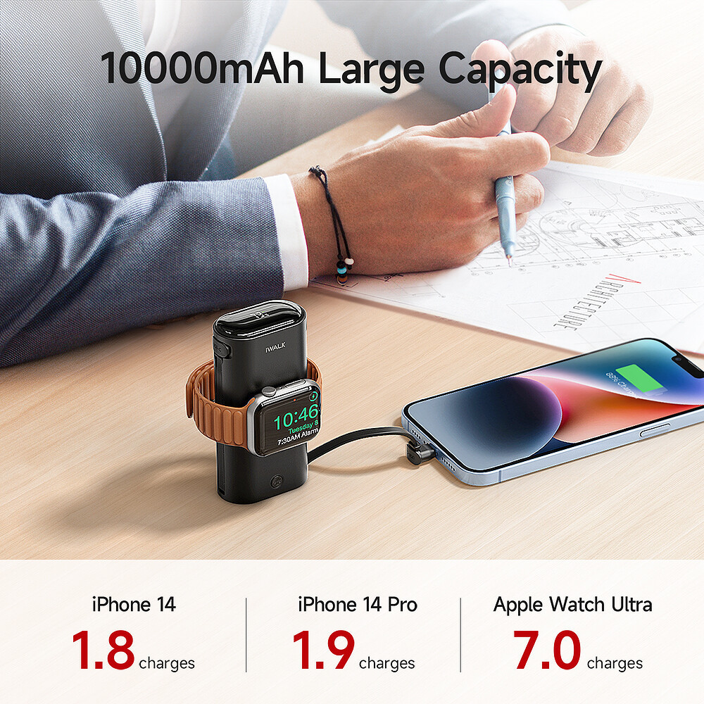 iWALK LinkPod W2 10000mAh Large Capacity 30W PD Fast Charging Power Bank with Built-in Two Cables Portable Watch Charger