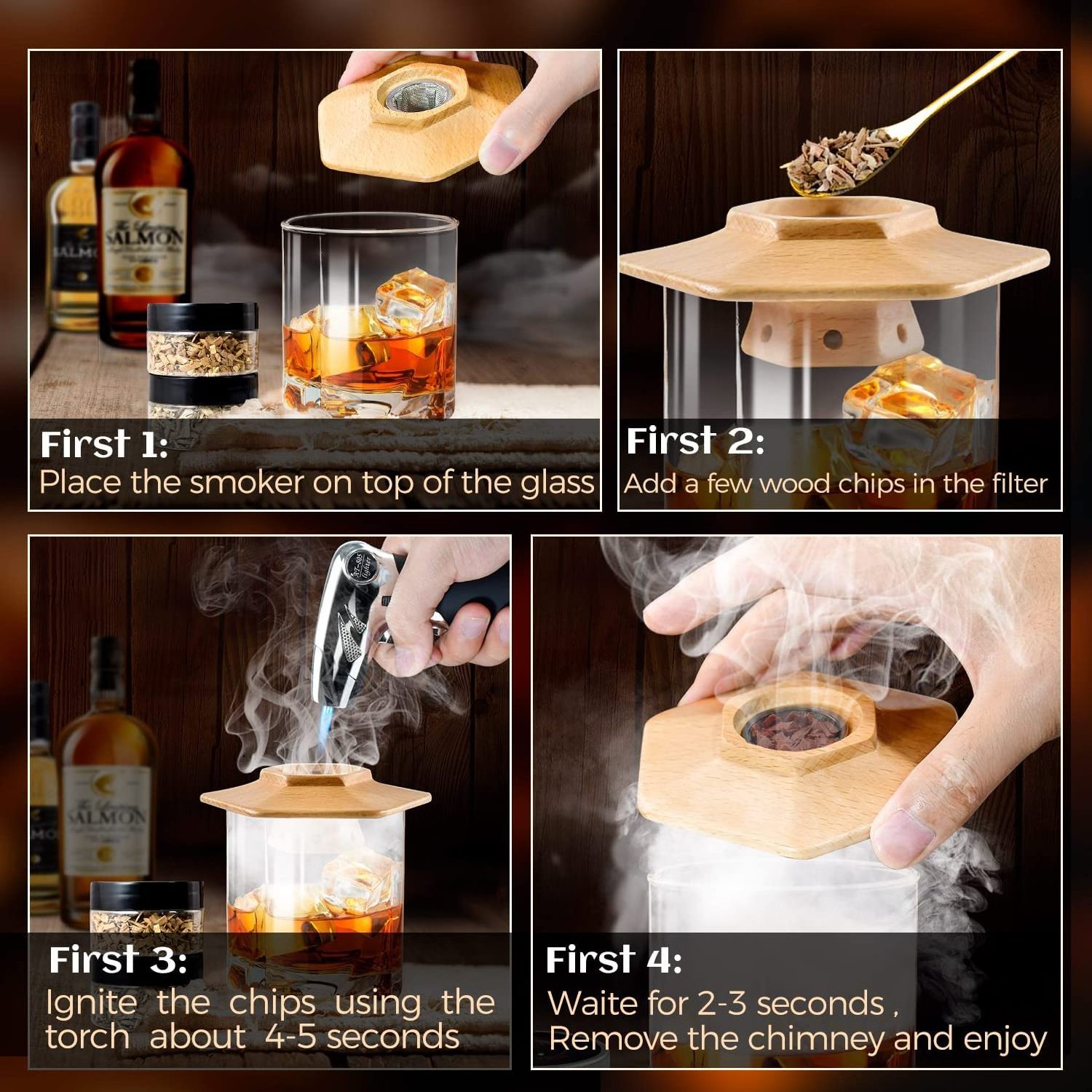 Bartender Old Fashioned Liquor Smoking Accessories Infuse Whiskey Drink Bourbon Bar Cocktail Smoker Kit With Torch