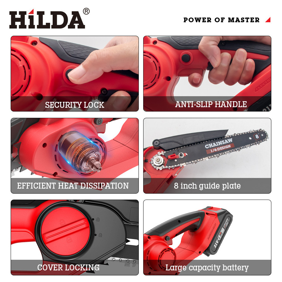 HILDA Chainsaw Pole Engine Safety Hydraulic Motor Angle Grinder Chain Lithium Battery Electric Cordless 21v Hand Chainsaw