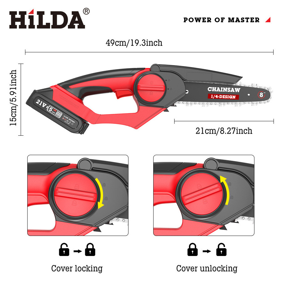 HILDA Chainsaw Pole Engine Safety Hydraulic Motor Angle Grinder Chain Lithium Battery Electric Cordless 21v Hand Chainsaw