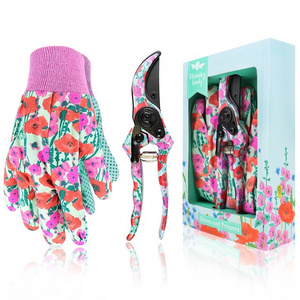 women Floral print Garden Hand tools and equipment Set for ladies with Gloves and Pruner pruning shear secateurs in Gift Box