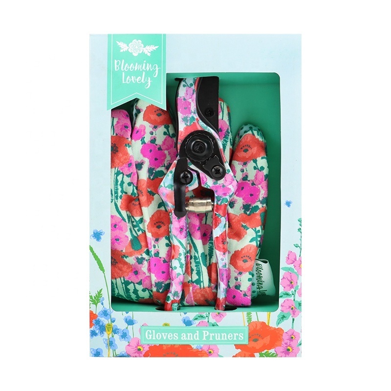 women Floral print Garden Hand tools and equipment Set for ladies with Gloves and Pruner pruning shear secateurs in Gift Box