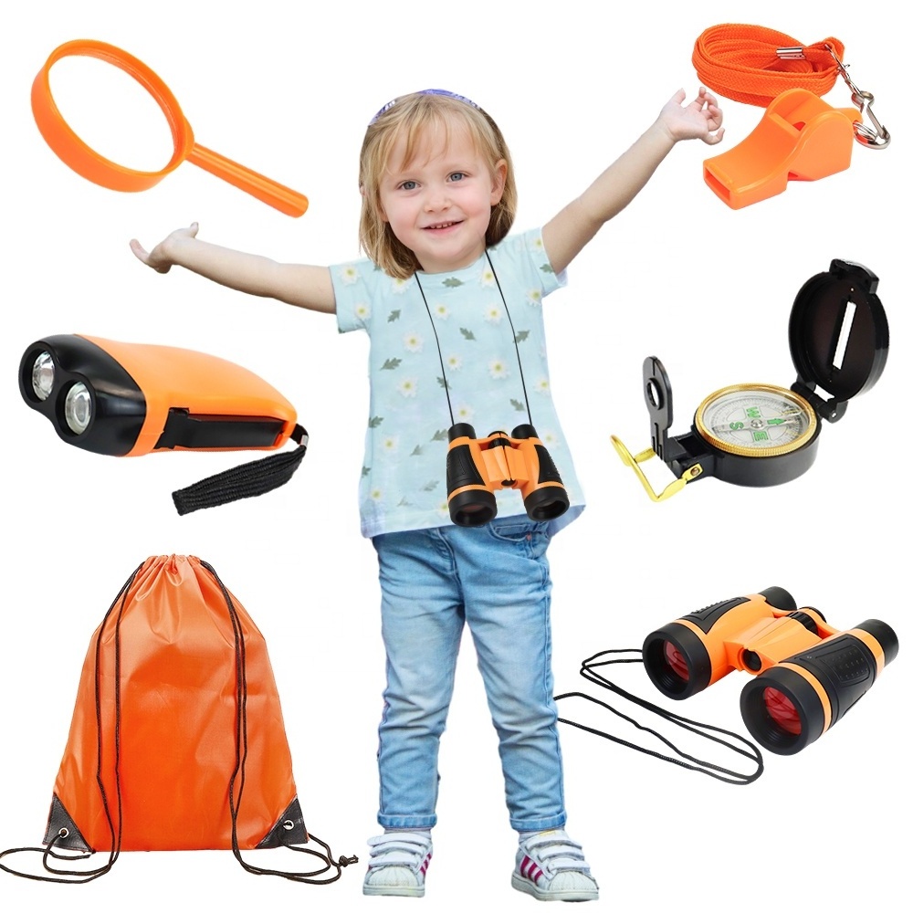 6 Pcs Kids Outdoor Explorer Set Magnifiner Compass Whistle Binoculars Flashlight with Carry Bag