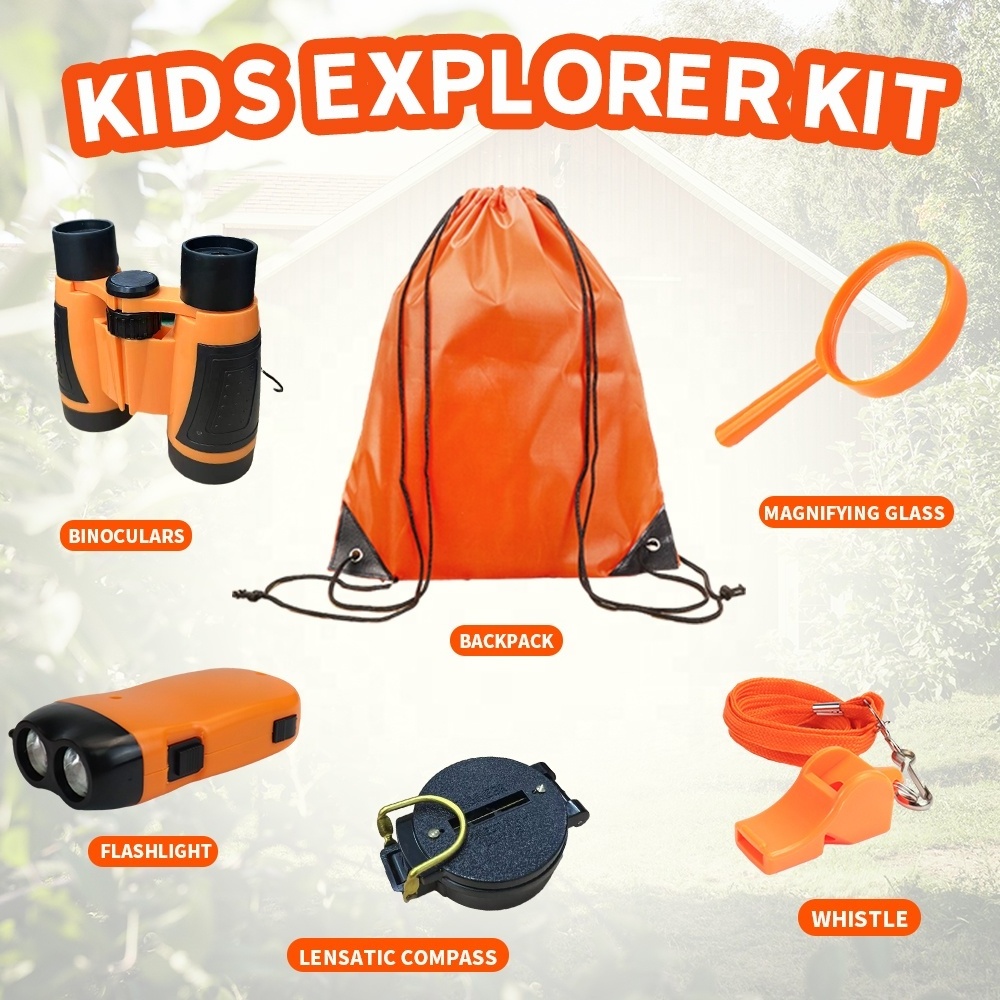 6 Pcs Kids Outdoor Explorer Set Magnifiner Compass Whistle Binoculars Flashlight with Carry Bag