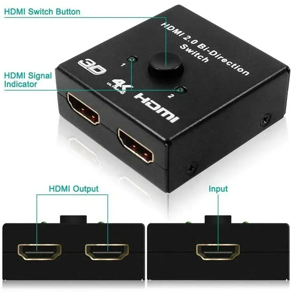 HDMI Switch HDTV Bi Directional 1x2 / 2x1 AB Switcher Splitter 2 Port Supports UHD 4K 1080P 3D HDR HDCP Splitter HDMI