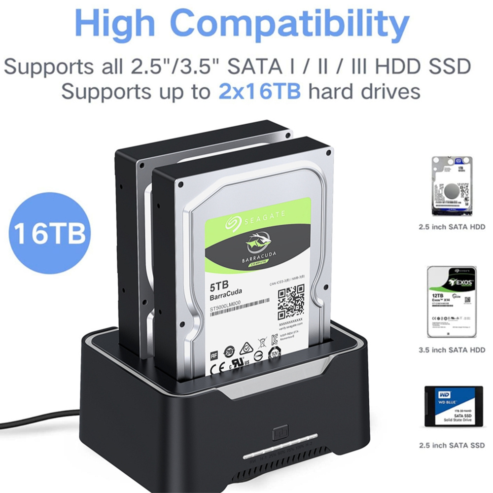 USB 3.0 to SATA Dual Bay External Hard Drive Enclosures Docking Station for 2.5/3.5 inch HDD SSD Extension Dock Case