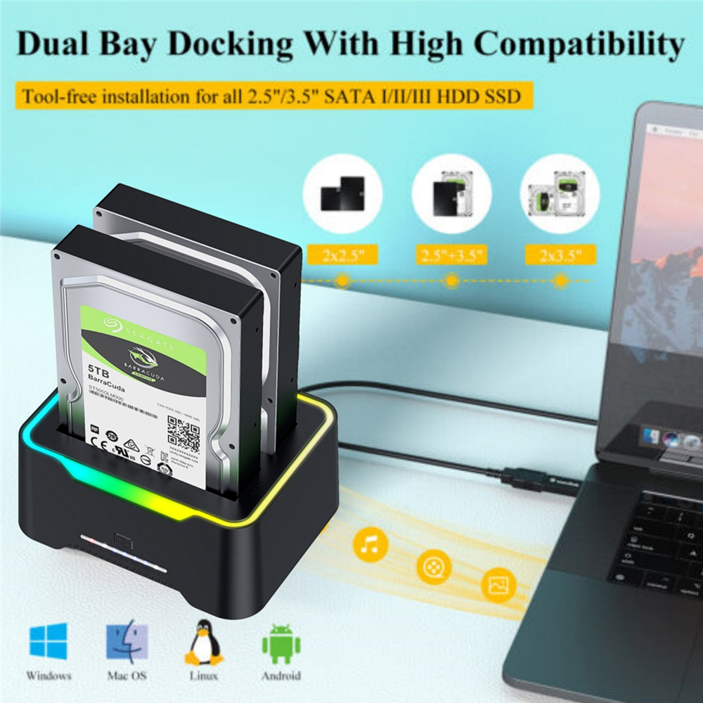 USB 3.0 to SATA Dual Bay External Hard Drive Enclosures Docking Station for 2.5/3.5 inch HDD SSD Extension Dock Case