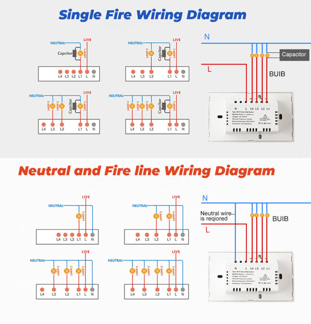 No Neutral&Neutral Tuya Wifi Switch Wall Light Control System 1/2/3/4 Gang Wall Smart Switch For Hotel/Home With Alexa Google