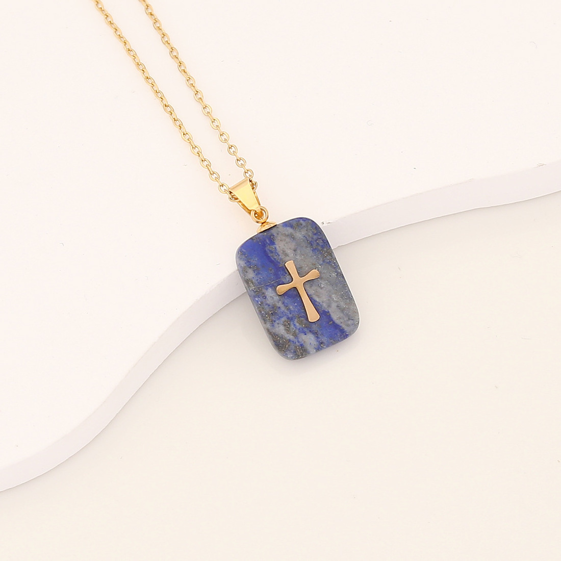 Creative Rectangular Natural Stone Pendant Necklace Personalized Cross Lightning Sun Stainless Steel Inlay Necklace