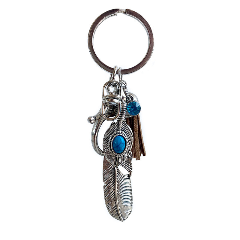 European And American Western Cowboy Metal Turquoise Tassel Feather Cross Leaf Pendant Keychain