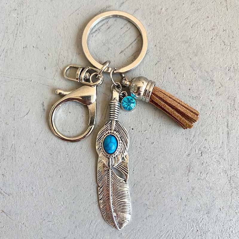 European And American Western Cowboy Metal Turquoise Tassel Feather Cross Leaf Pendant Keychain