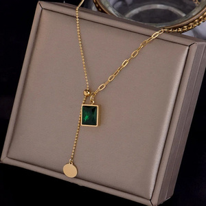 Fashion Stainless steel Jewelry Adjustable Rectangle Emerald Diamond Pendant Necklace For Woman