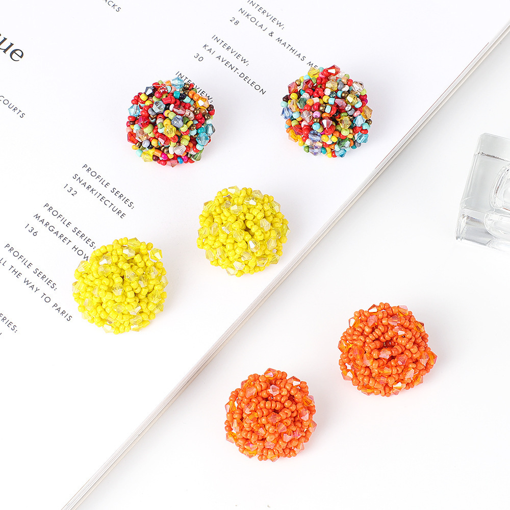 Crystal Seed Beads Cluster Stud Earrings  ,Colorful Handmade Beads Beaded Ball Sharp Stud Earring