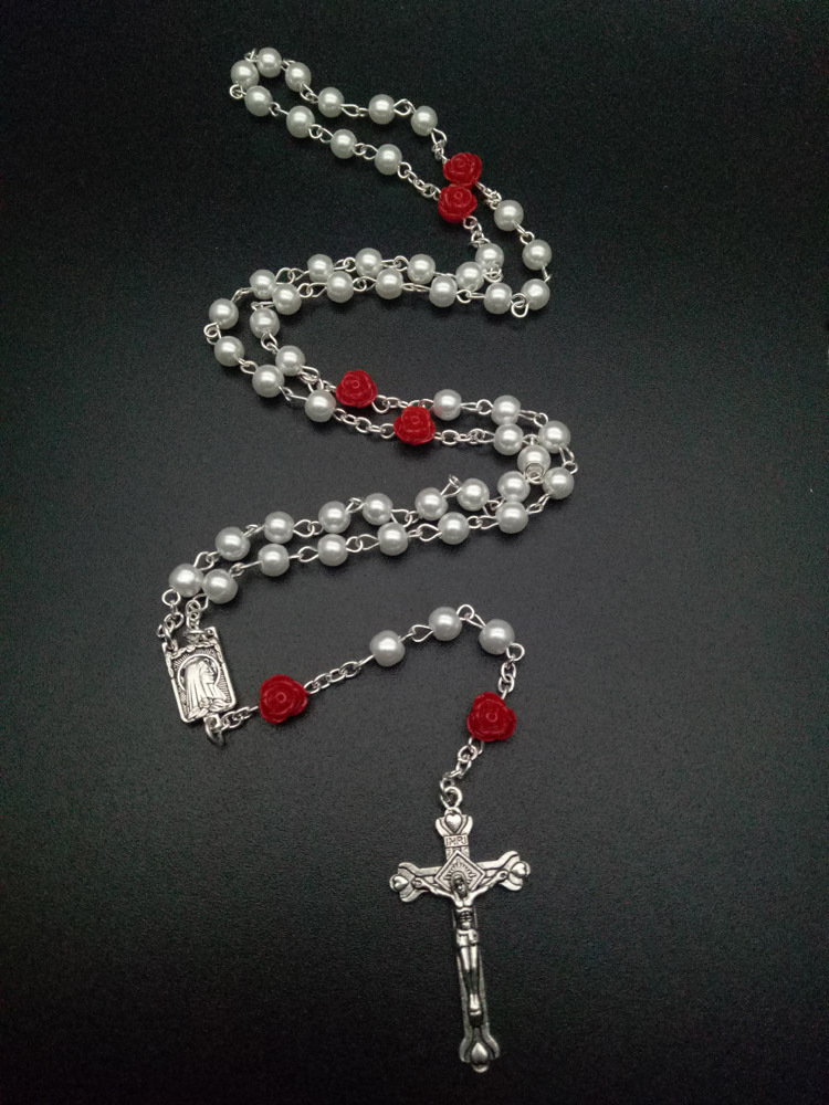 Trendy Jewelry Rosaries 6mm Black Red Blue Glass Pearl Beaded Chain With Rose Rosary Cross Ornament Necklaces