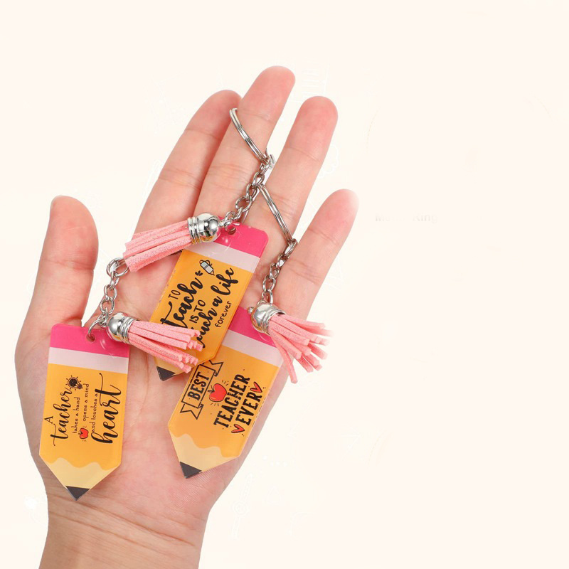 Custom Logo Pencil Shaped Teacher Keychain Cute Tassel Acrylic Pencil Keychain for Teacher' Gifts Wholesale