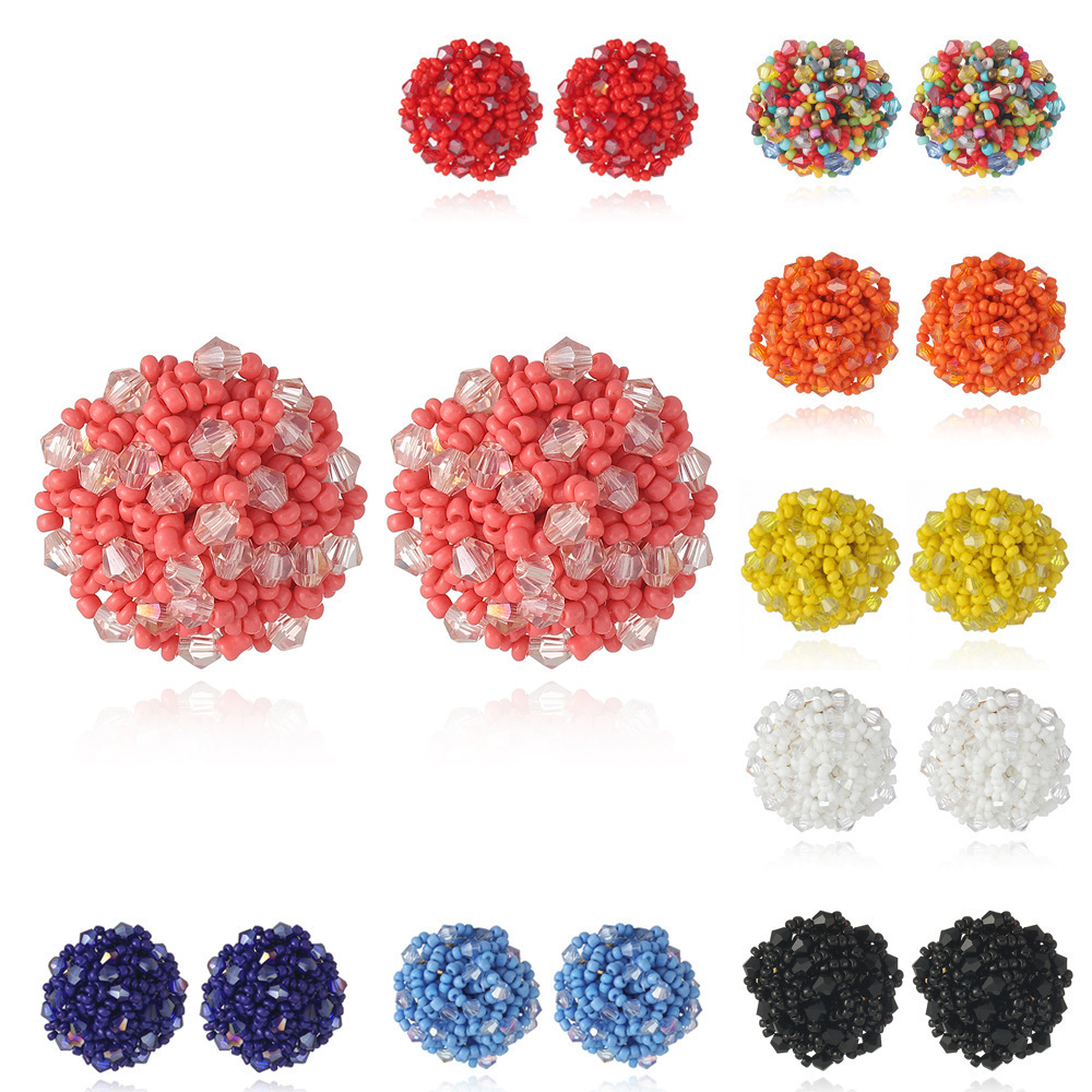 Crystal Seed Beads Cluster Stud Earrings  ,Colorful Handmade Beads Beaded Ball Sharp Stud Earring