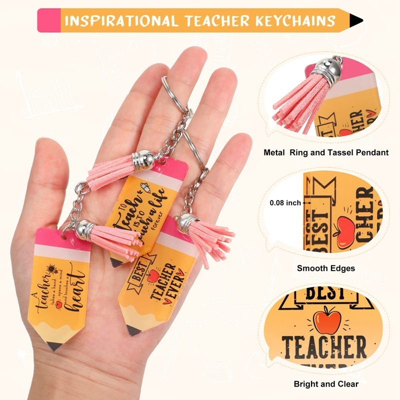 Custom Logo Pencil Shaped Teacher Keychain Cute Tassel Acrylic Pencil Keychain for Teacher' Gifts Wholesale