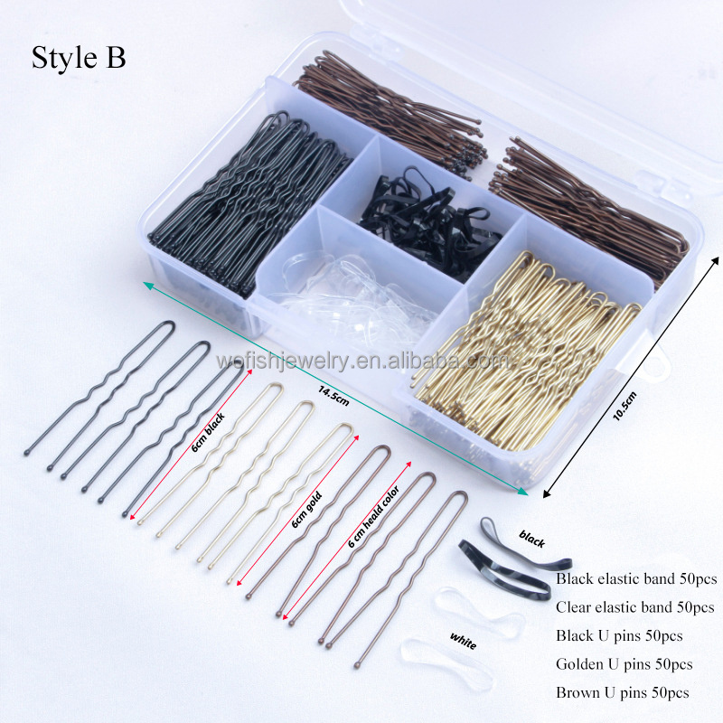 Hiar pins set U shape bobby pins black rubber hair band black hairclip box set  for girl