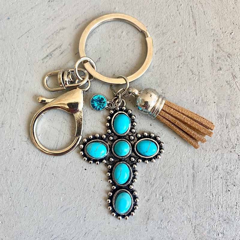 European And American Western Cowboy Metal Turquoise Tassel Feather Cross Leaf Pendant Keychain