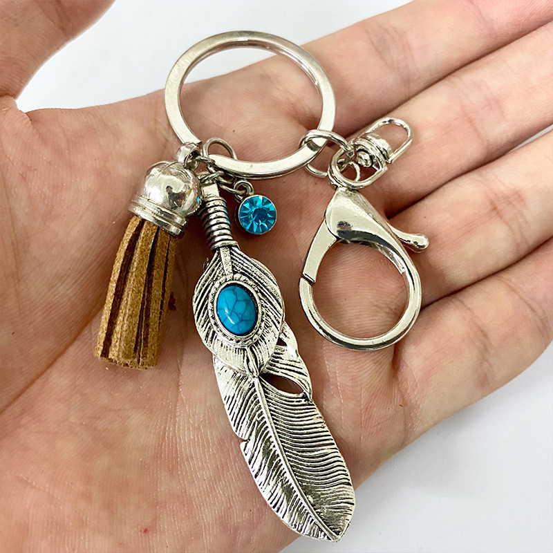 European And American Western Cowboy Metal Turquoise Tassel Feather Cross Leaf Pendant Keychain