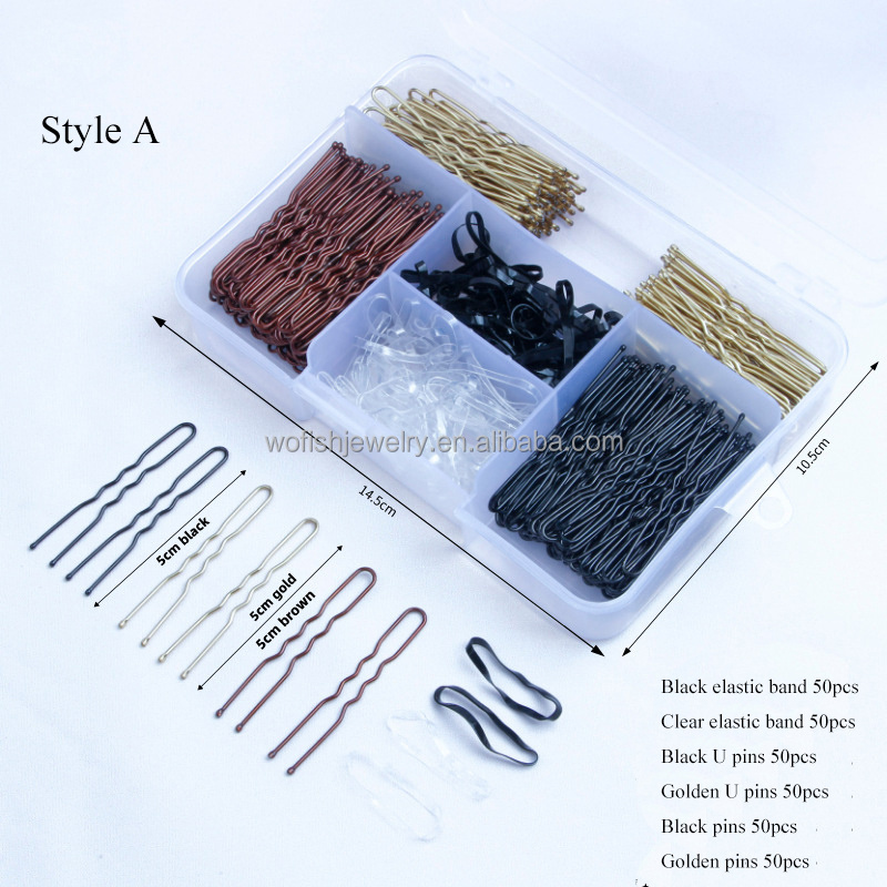 Hiar pins set U shape bobby pins black rubber hair band black hairclip box set  for girl