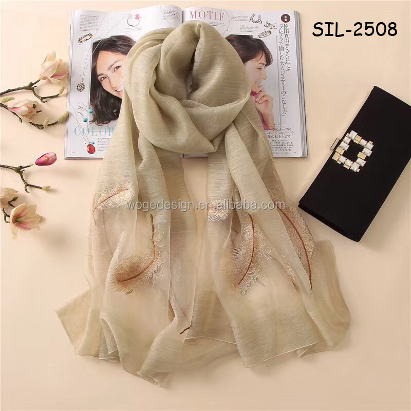 2018 High quality Hangzhou manufacturer modish ladys' hijab shawls tie dye color embroidered feather wholesale wool silk scarves