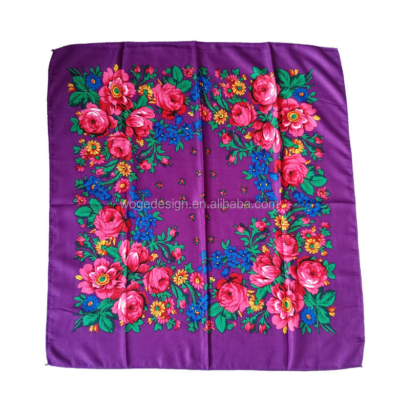 China premium factory unique muffler headwrap shawl lady babushka print flowers cotton feeling polyester square floral scarf