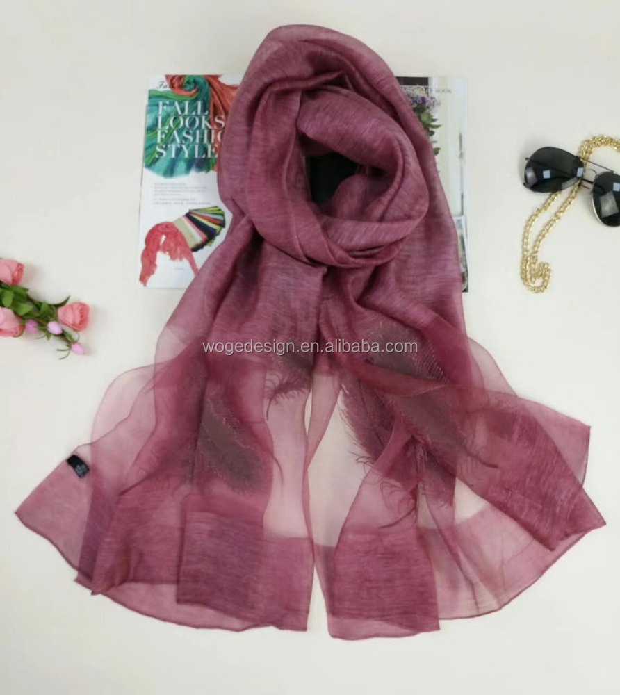 2018 High quality Hangzhou manufacturer modish ladys' hijab shawls tie dye color embroidered feather wholesale wool silk scarves