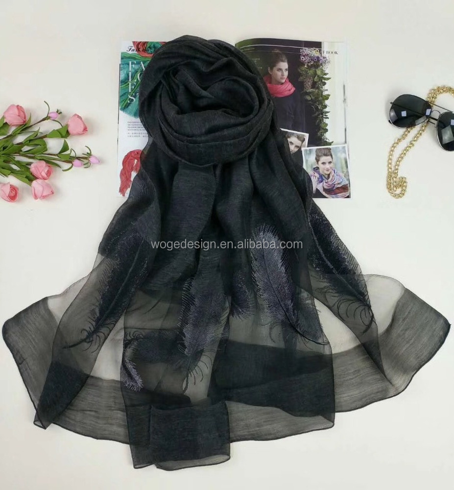 2018 High quality Hangzhou manufacturer modish ladys' hijab shawls tie dye color embroidered feather wholesale wool silk scarves