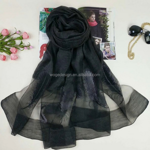 2018 High quality Hangzhou manufacturer modish ladys' hijab shawls tie dye color embroidered feather wholesale wool silk scarves