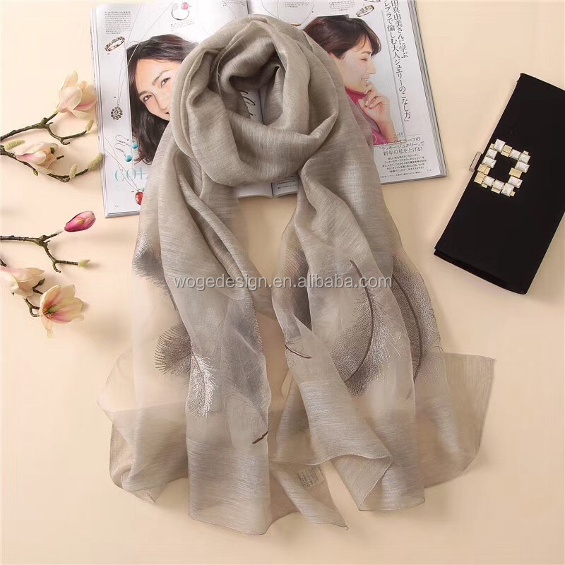 2018 High quality Hangzhou manufacturer modish ladys' hijab shawls tie dye color embroidered feather wholesale wool silk scarves