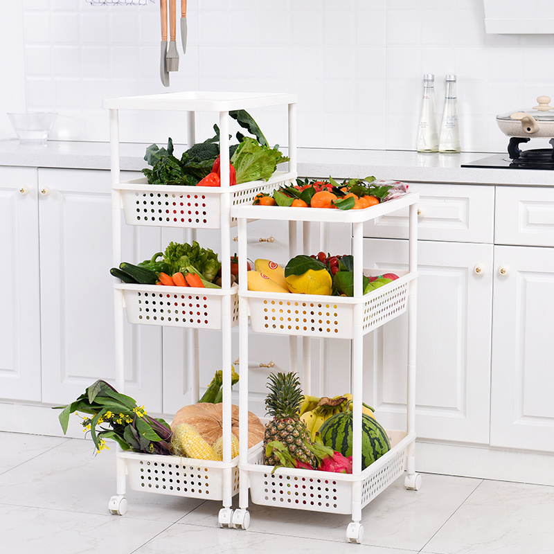 High Quality Kitchen And Bathroom Plastic Shelf Cabinet 4-Layer Adjustable Storage Rack With Wheels