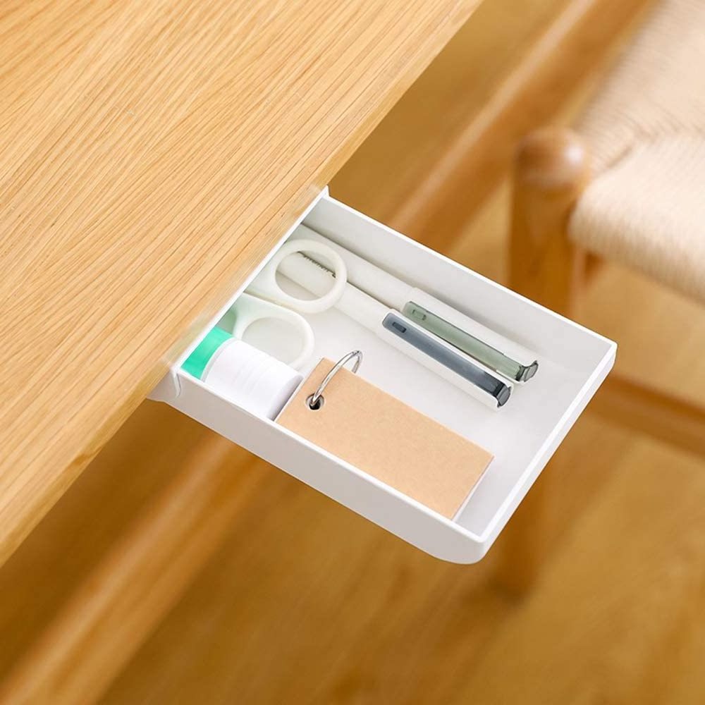 Plastic White Hidden Under Table Desk Drawer Self-Adhesive Under Office Organizer Desktop Pencil Tray Drawer Storage Box