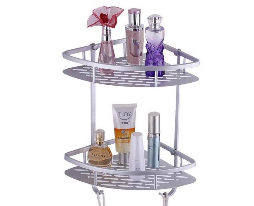 Aluminum Rustproof Double Layer Corner Shower Caddy Wall Mounted Bathroom Shelf Organizer  for Toilet, Bedroom and Kitchen