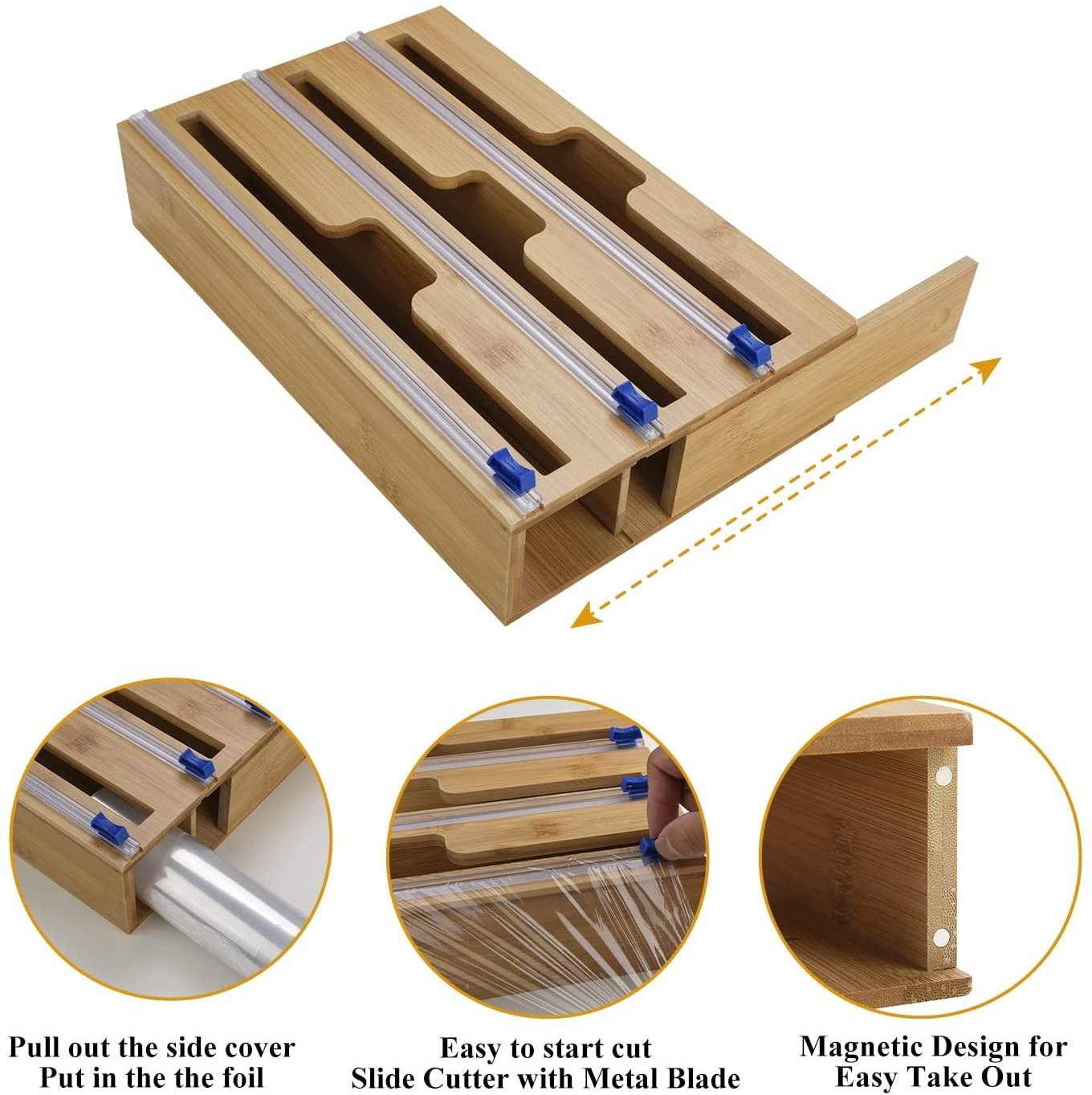 Kitchen drawer 2 /3-in-1 Storage Bamboo Plastic Wrap Dispenser with Cutter for Aluminum Foil & Cling Film & Parchment Paper