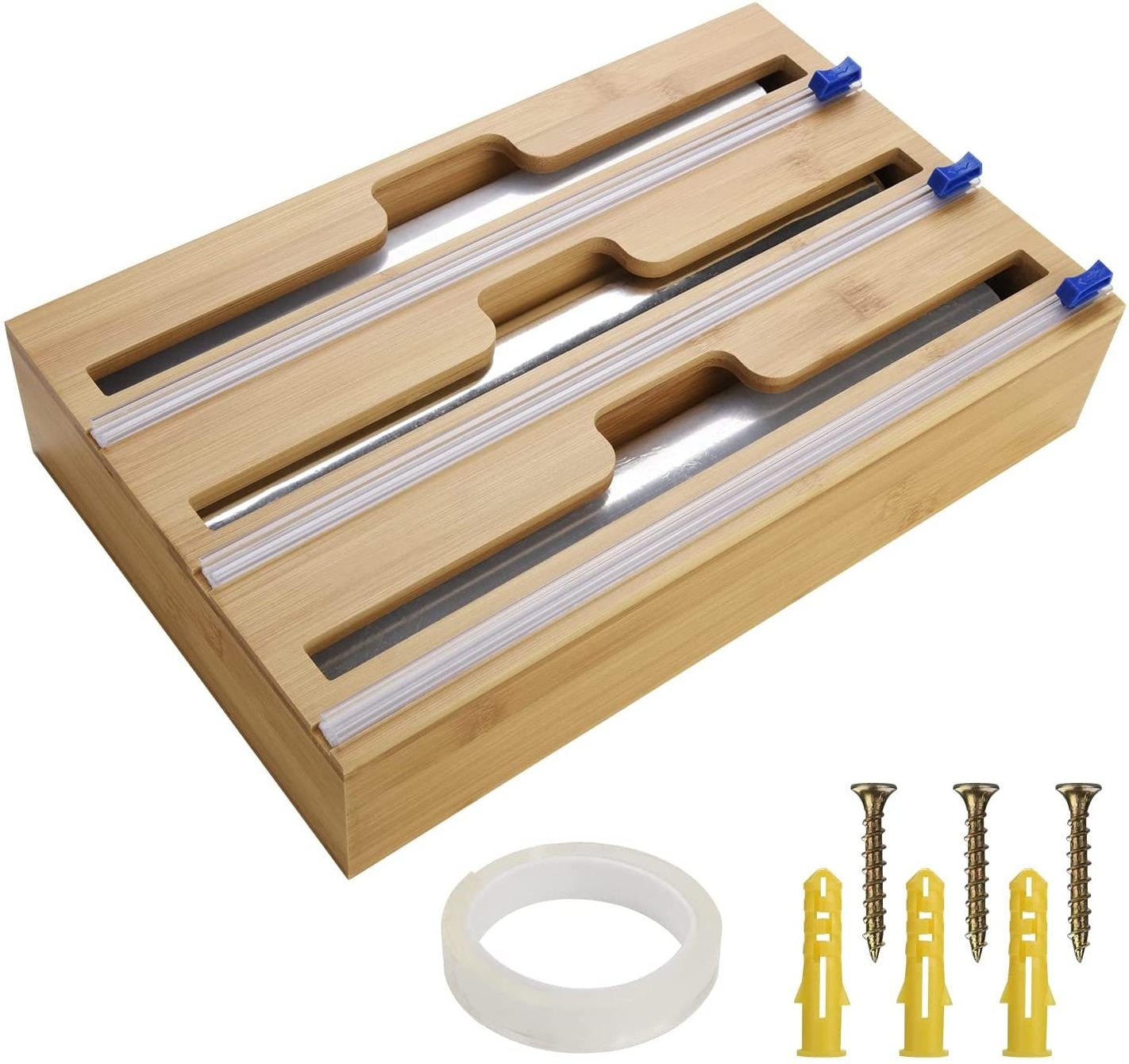 Kitchen drawer 2 /3-in-1 Storage Bamboo Plastic Wrap Dispenser with Cutter for Aluminum Foil & Cling Film & Parchment Paper