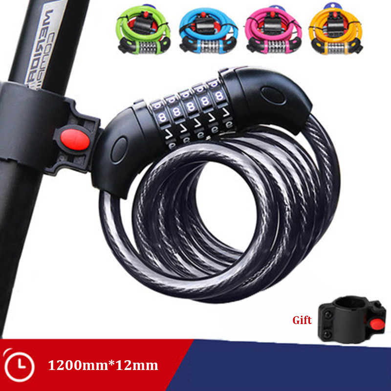 New Bicycle Lock 5 Digit Code 1200mm*12mm Anti-theft Lock Bike Security Accessory Steel Cable Cycling Bicycle Lock